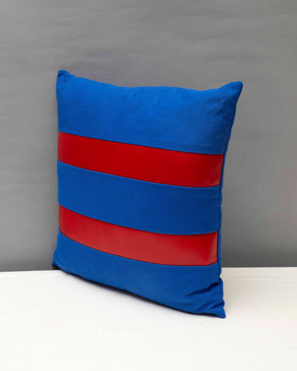 Blue canvas geometric handmade pillow 16 x 16” inches with two red stripes