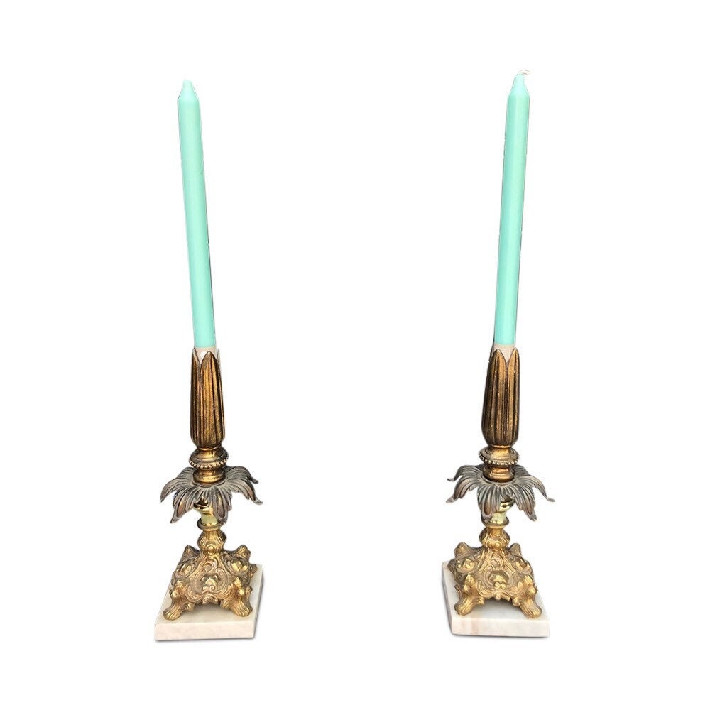 Hollywood Regency marble and brass candleholders sticks Italian