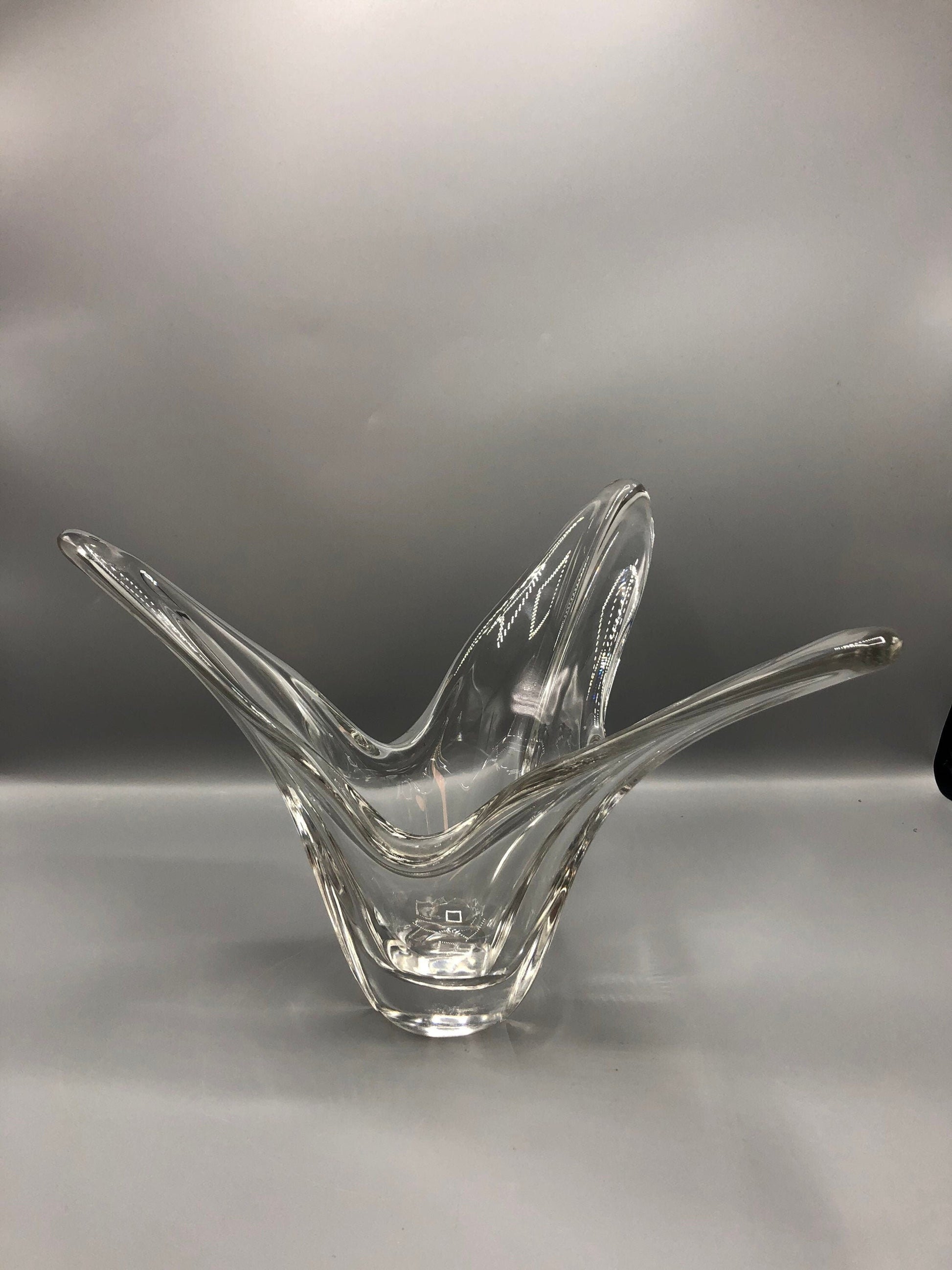 Signed &quot;Vous Loudock&quot; Mid-Century Sculptural Crystal Tulip Vase