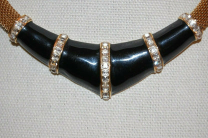 Elegant Vintage Oscar De La Renta Couture Black Enamel Pave Golden Choker Necklace