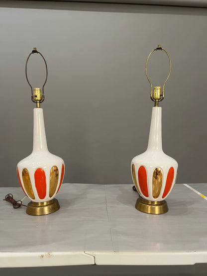 Mid-Century Glass orange and gold table lamps pair 1960s