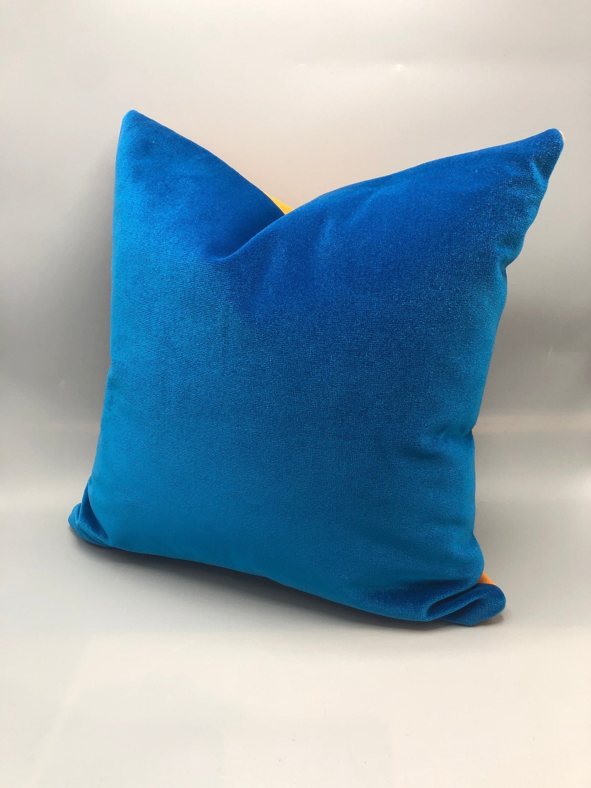 Handmade wool square pillow blue and mustard color down feather insert. 18” x 18”