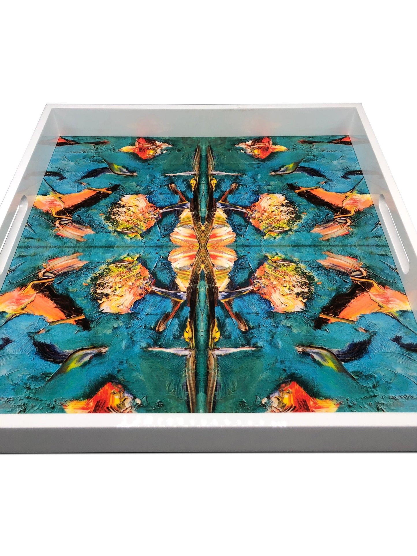 Handmade contemporary lacquer wood tray with multi color abstract titled: The Birds” designed by “Bruce Mishell”16” x 16” inches