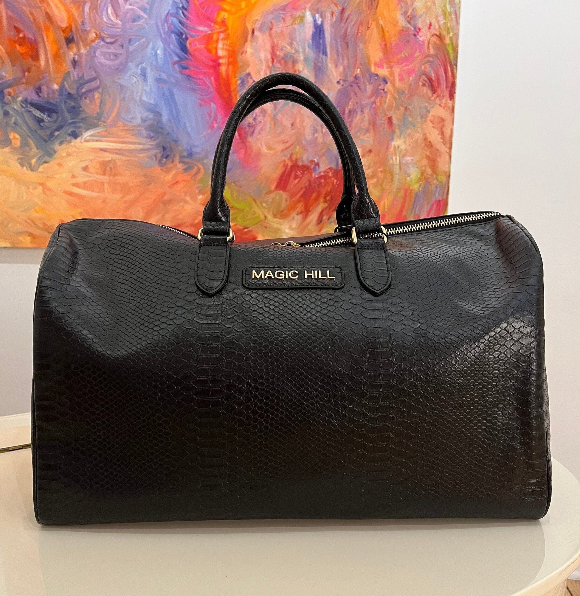 Black Payton pattern Duffel bag Designed by MAGIC HILL Mercantile Vegan Grade A Leather