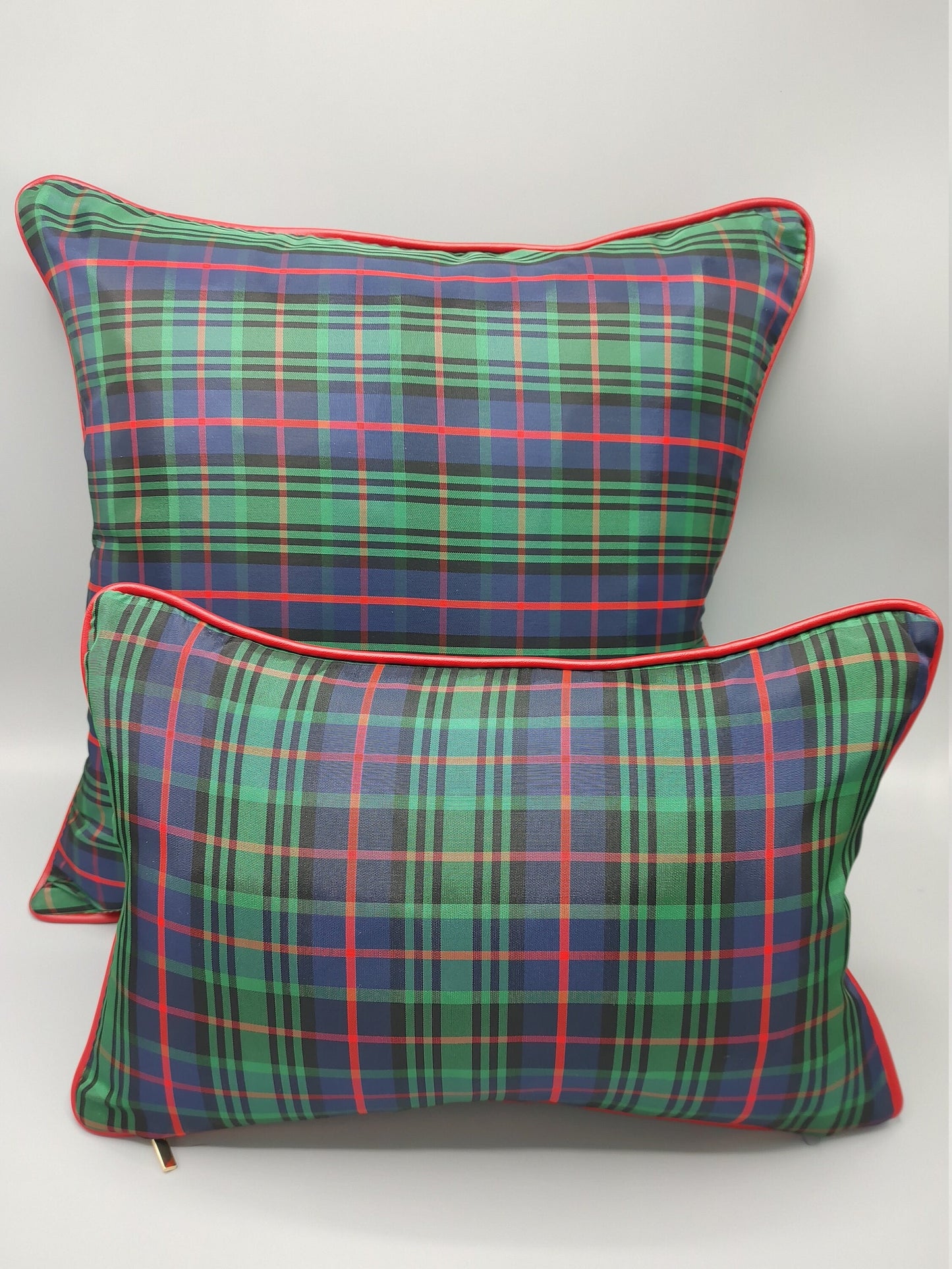 Custom Handmade Green Plaid Decorative Lumbar Throw Pillow