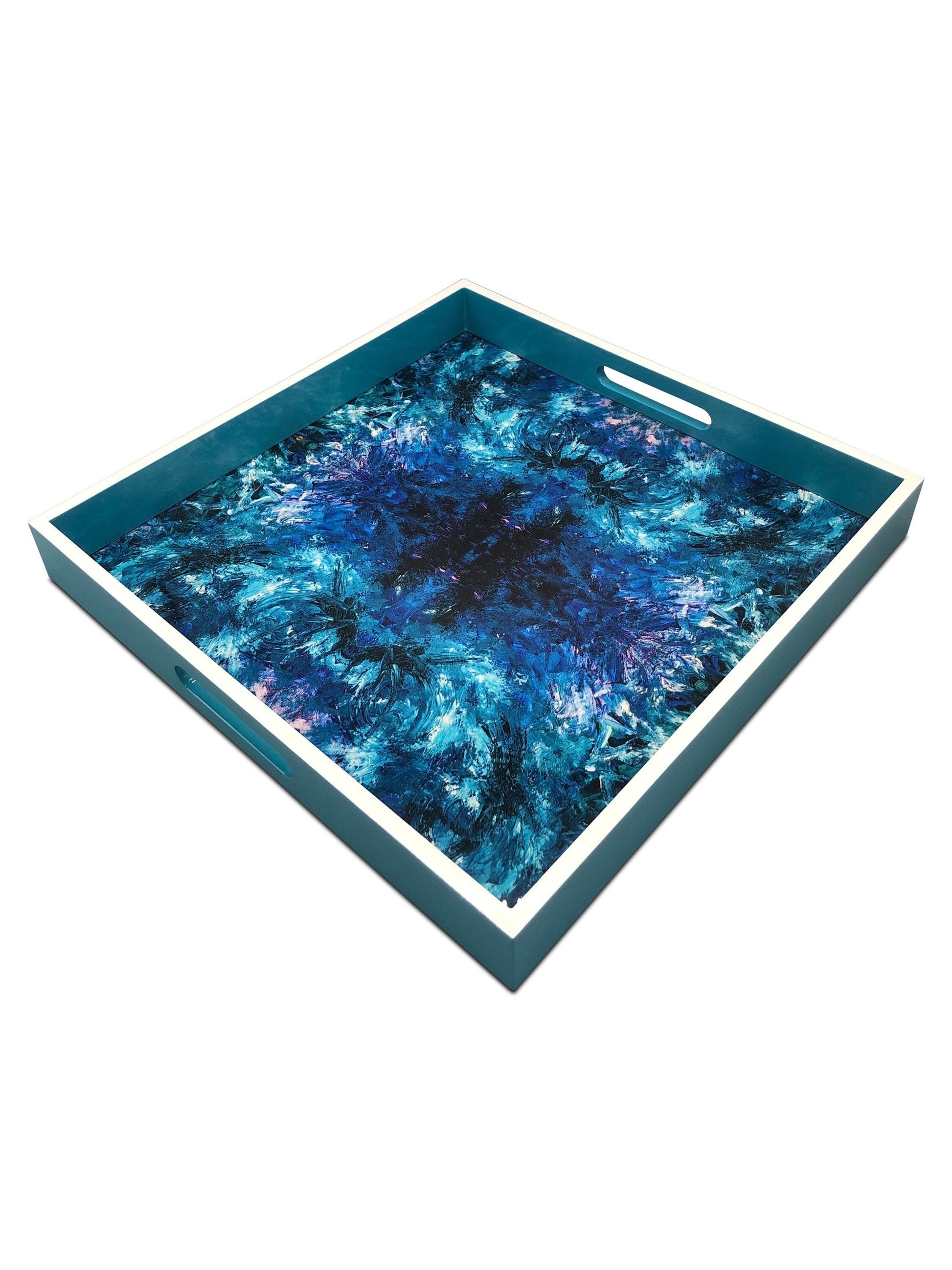 Handmade contemporary lacquer wood tray titled: “Blue Ocean” designed by “Magic Hill W16 x D16 x H2