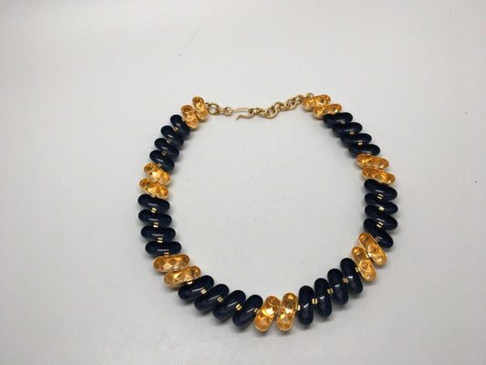 Vtg Signed Monet Gold Tone Navy Blue Enamel Link Collar Necklace