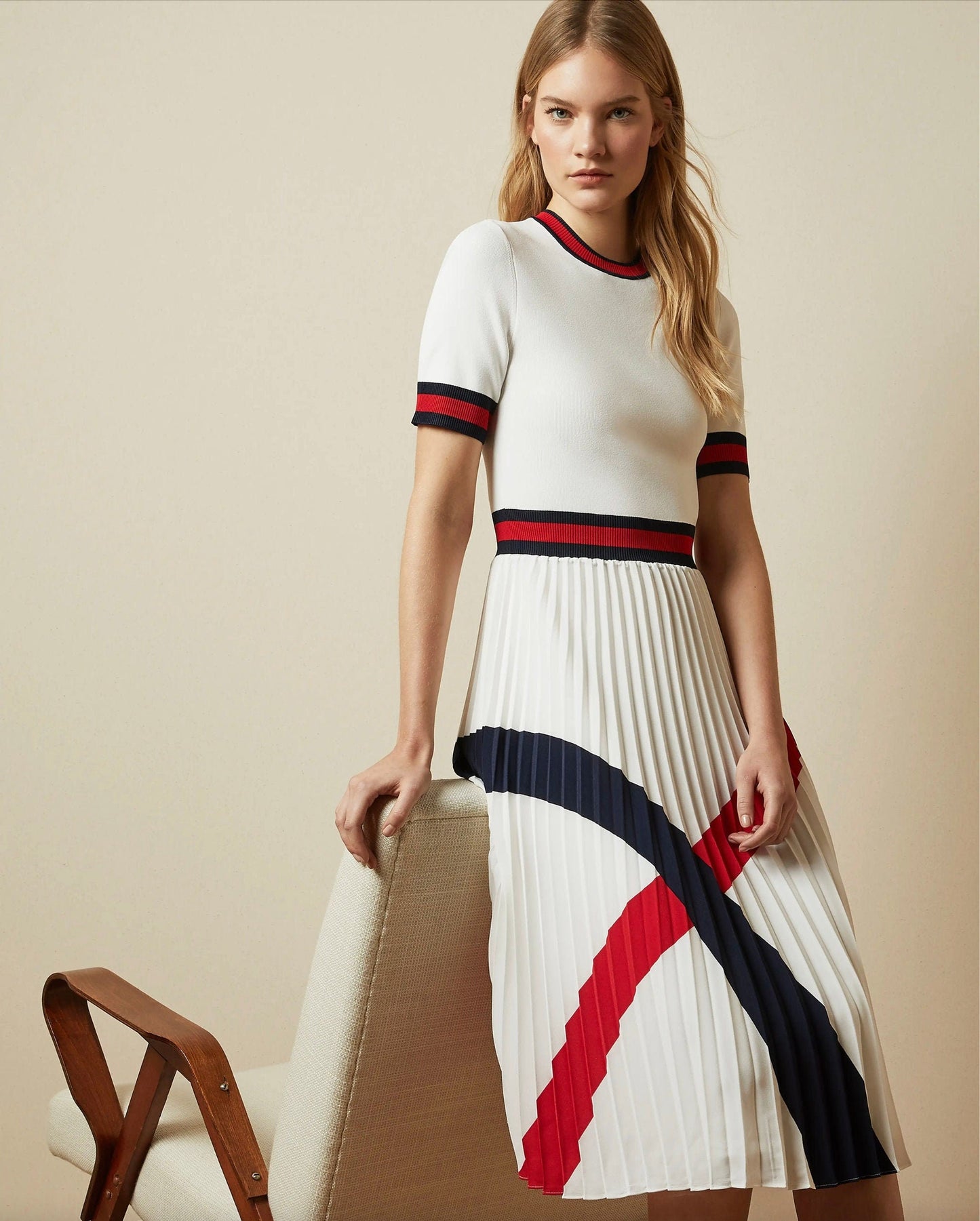 Designer Nautical Inspired Pleated Knit Chiffon Midi Dress