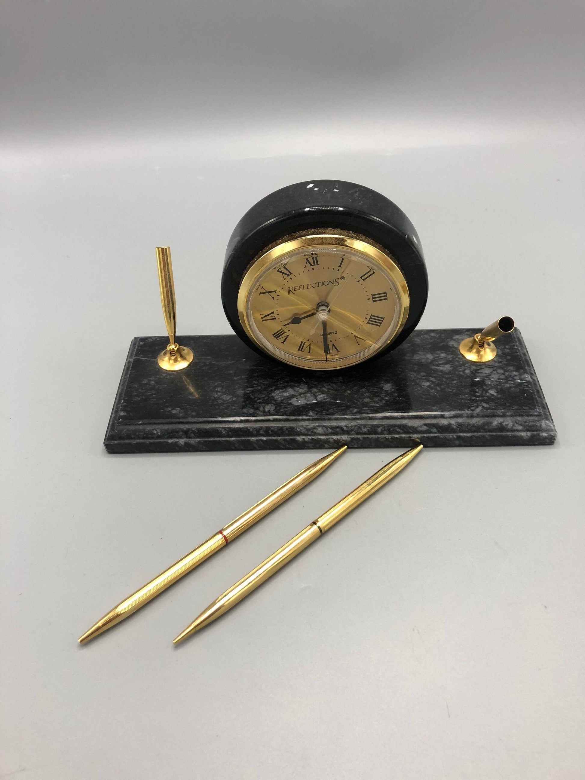 Mid-Century marble desk clock stationary with two pen holders. 1960’s. Circa