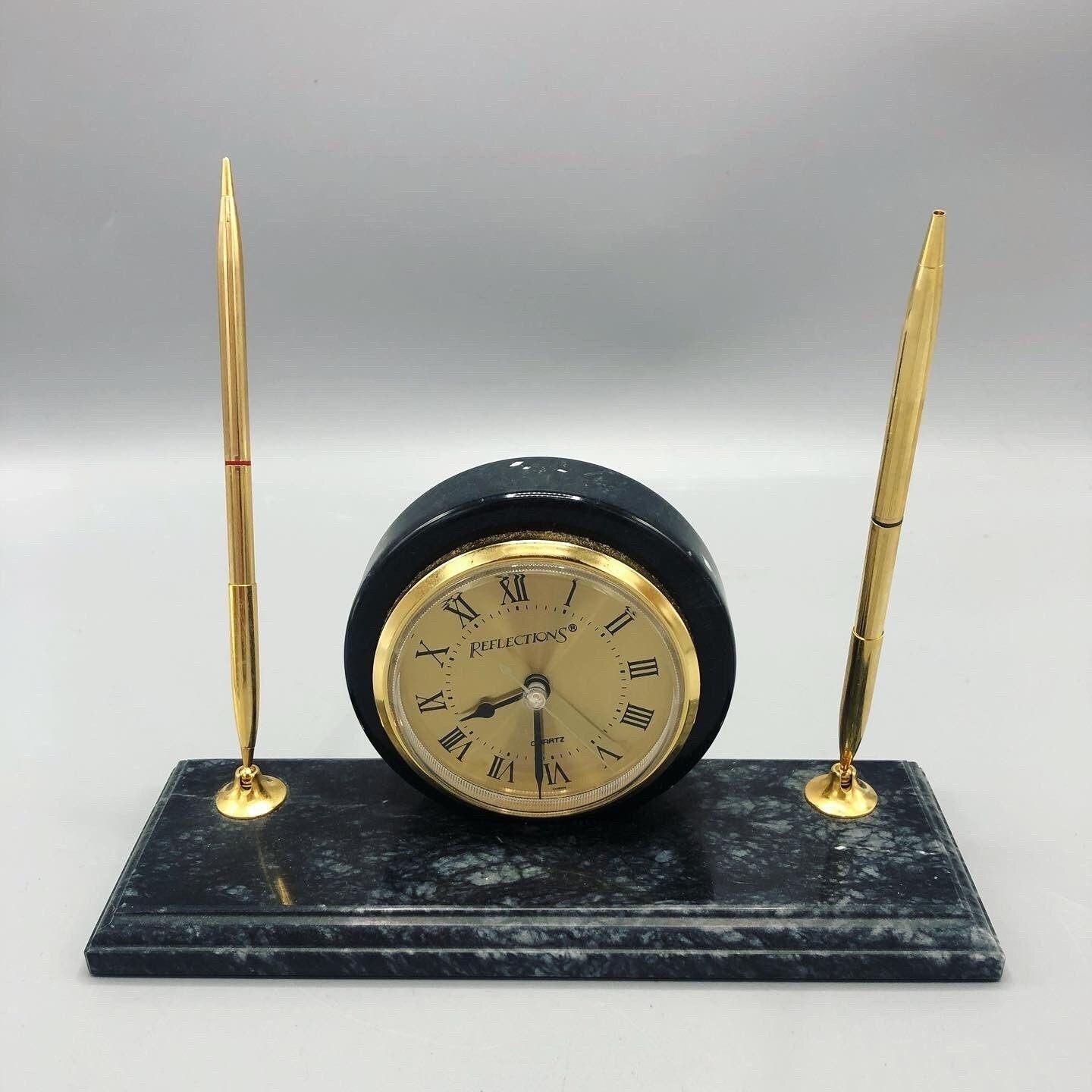 Mid-Century marble desk clock stationary with two pen holders. 1960’s. Circa