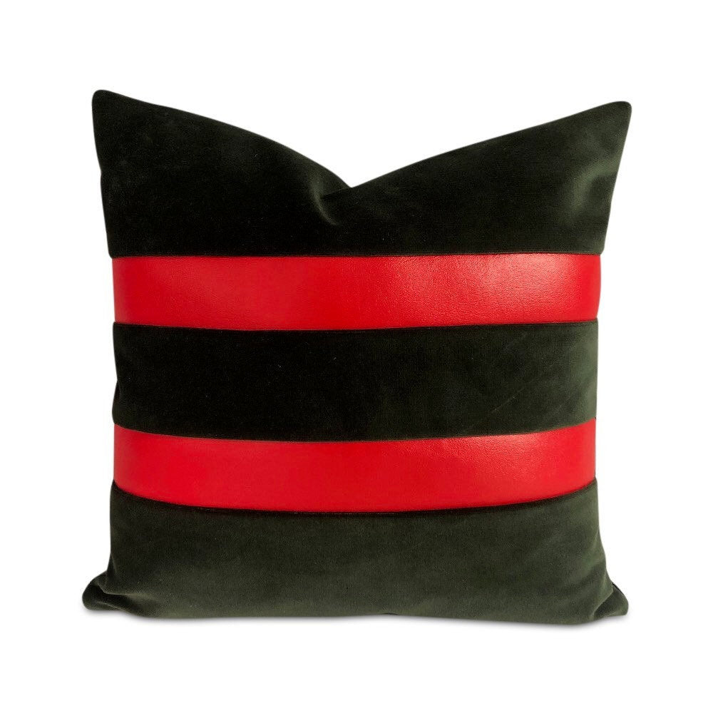 Contemporary handmade green emerald velvet with two red vinyl stripes on one side. 16” x 16” inches