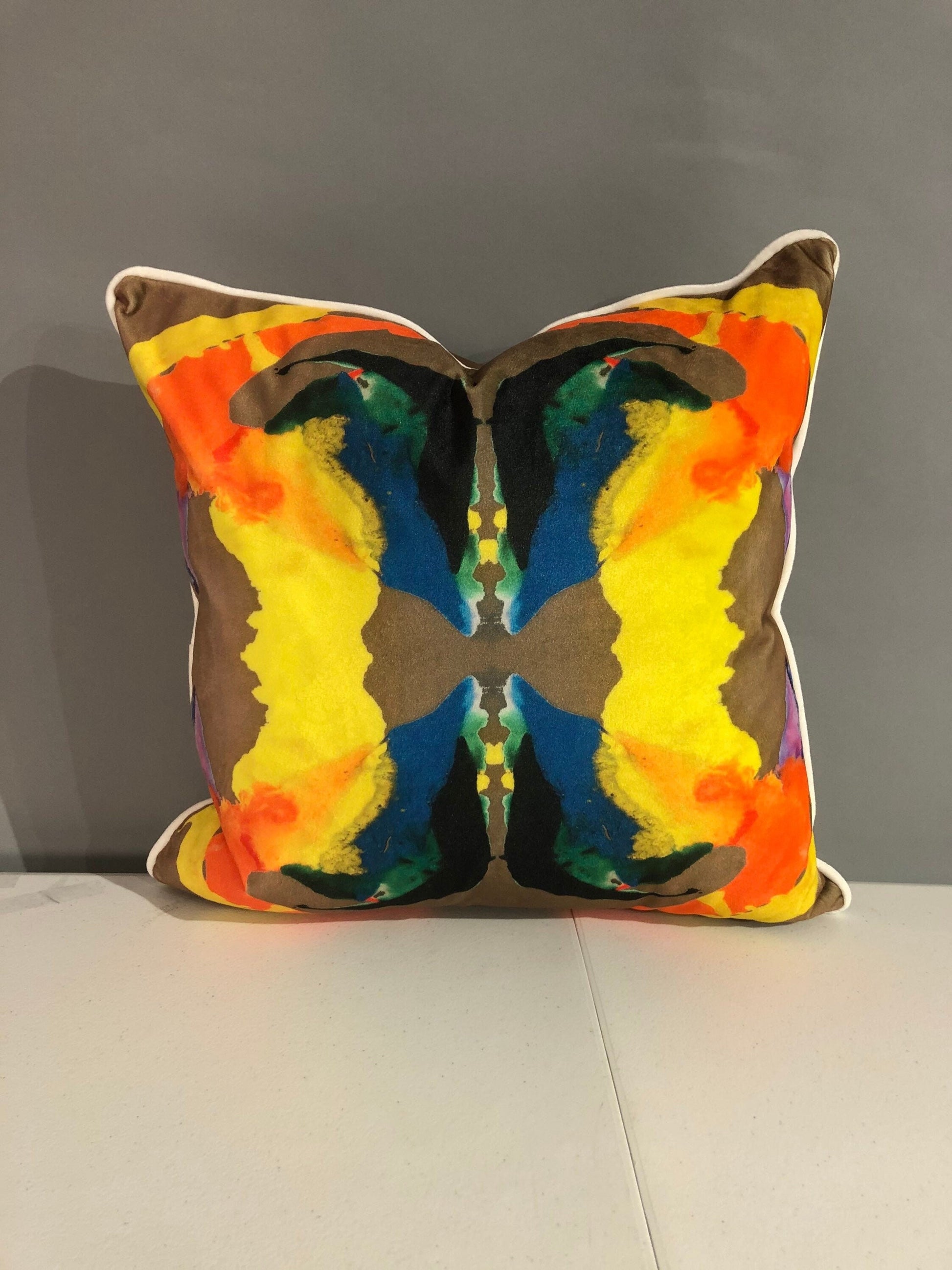 Contemporary abstract kaleidoscope pillows with print on velvet both sides with white piping 16” x 16” inches