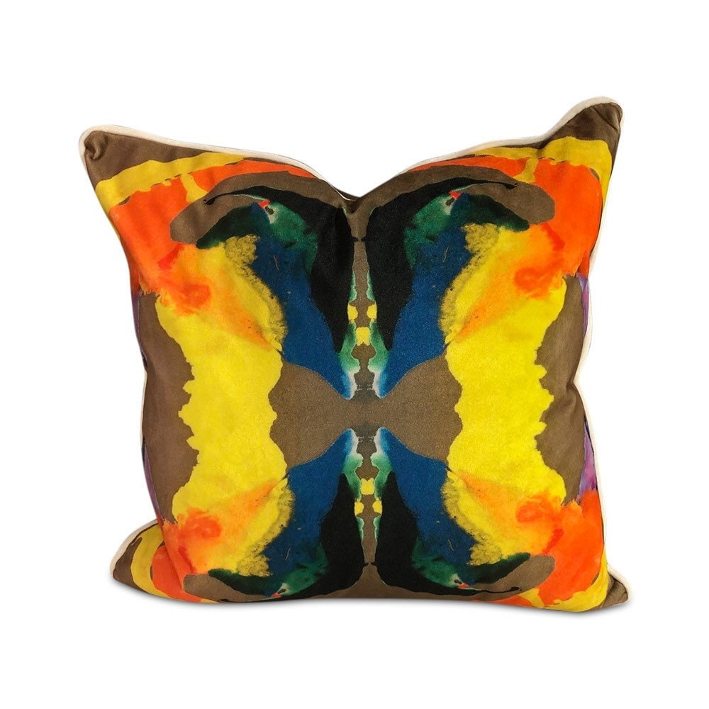 Contemporary abstract kaleidoscope pillows with print on velvet both sides with white piping 16” x 16” inches