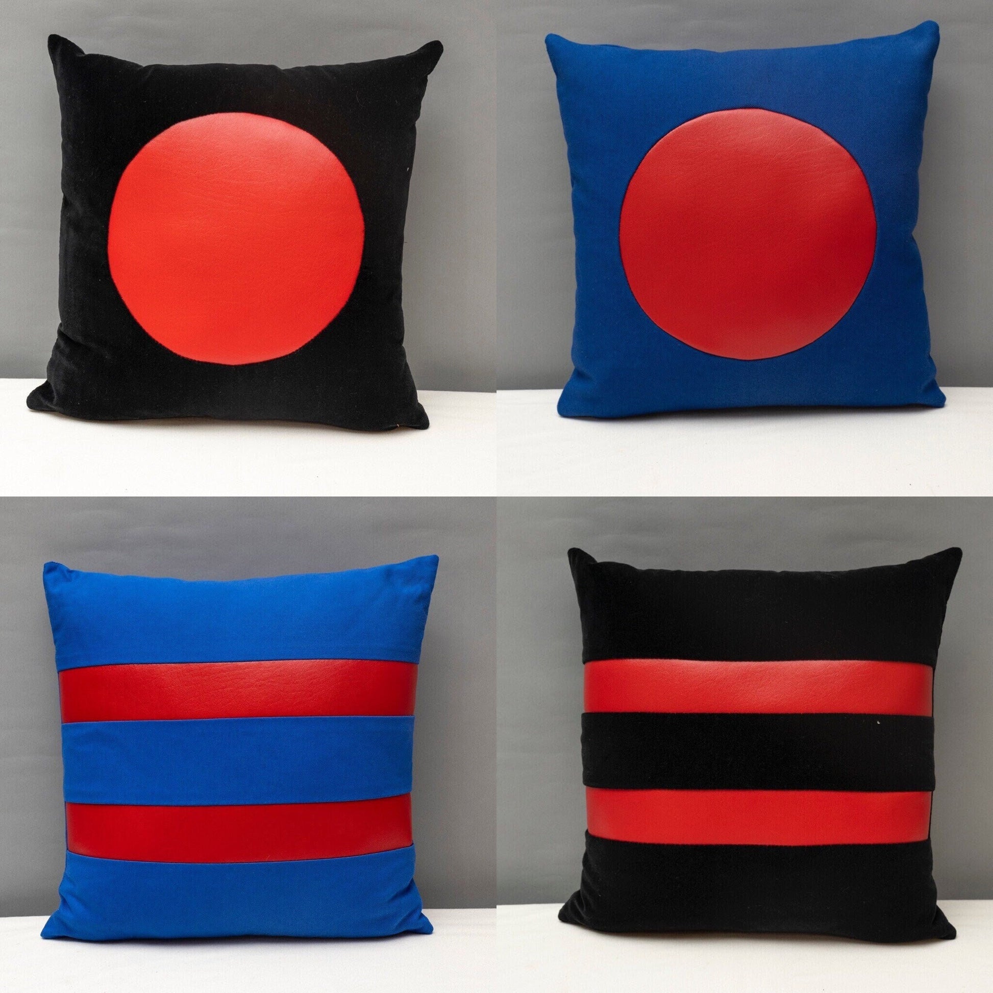 Blue canvas geometric handmade pillow 16 x 16” inches with red vinyl circle