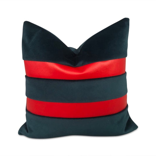 Contemporary handmade velvet blue teal pillow with two red vinyl stripes on one side 17” x 17” inches