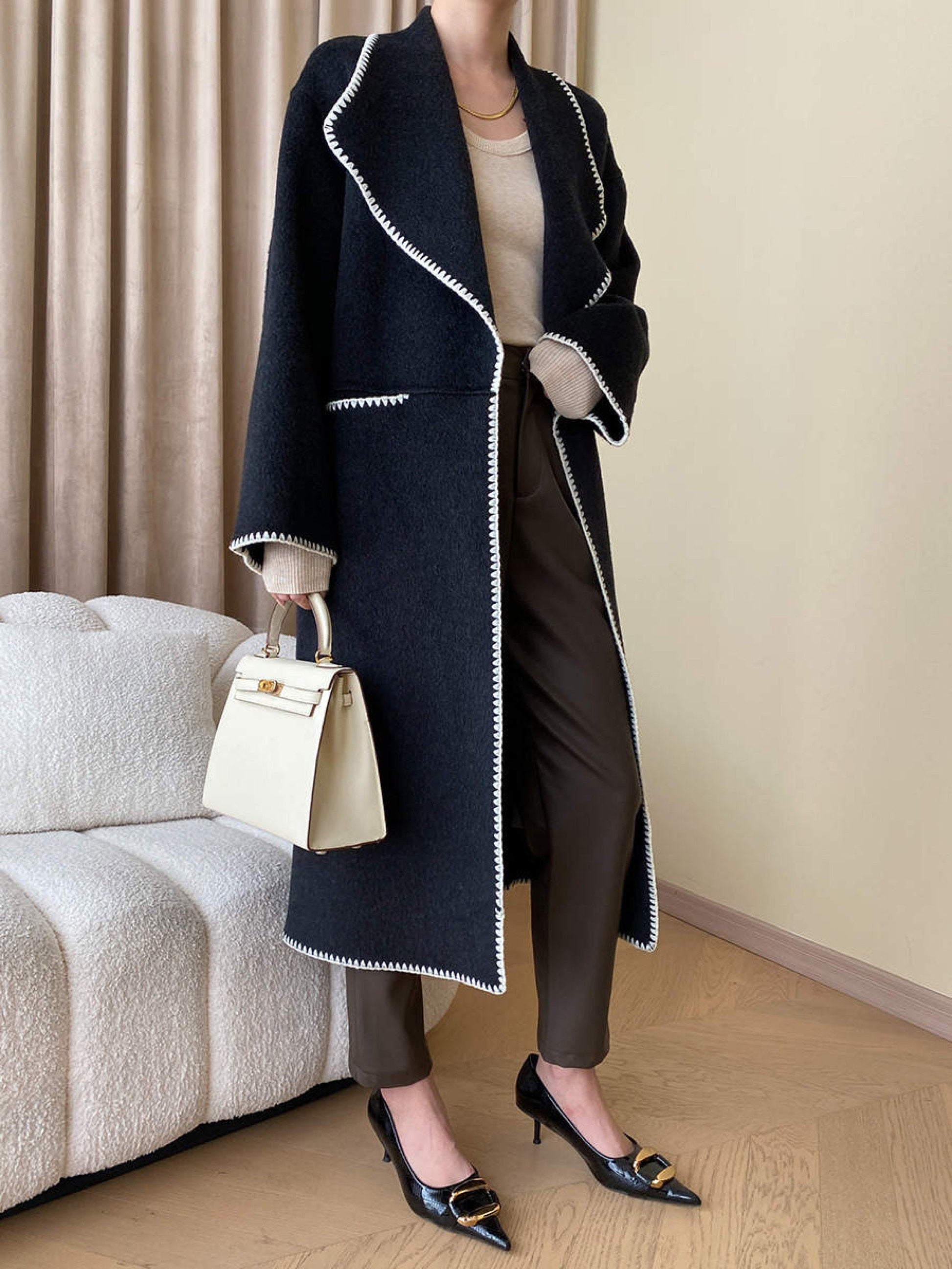 Double breasted merino wool hand sew black coat