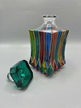 Murano Style Multi-Color Rainbow with gold highlights Decanter with Green top by Zecchin