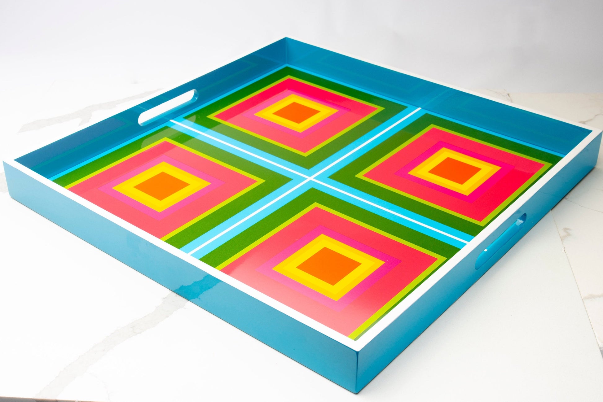 Handmade contemporary lacquer wood tray titled “Pink Four Squares” designed by “Magic Hill