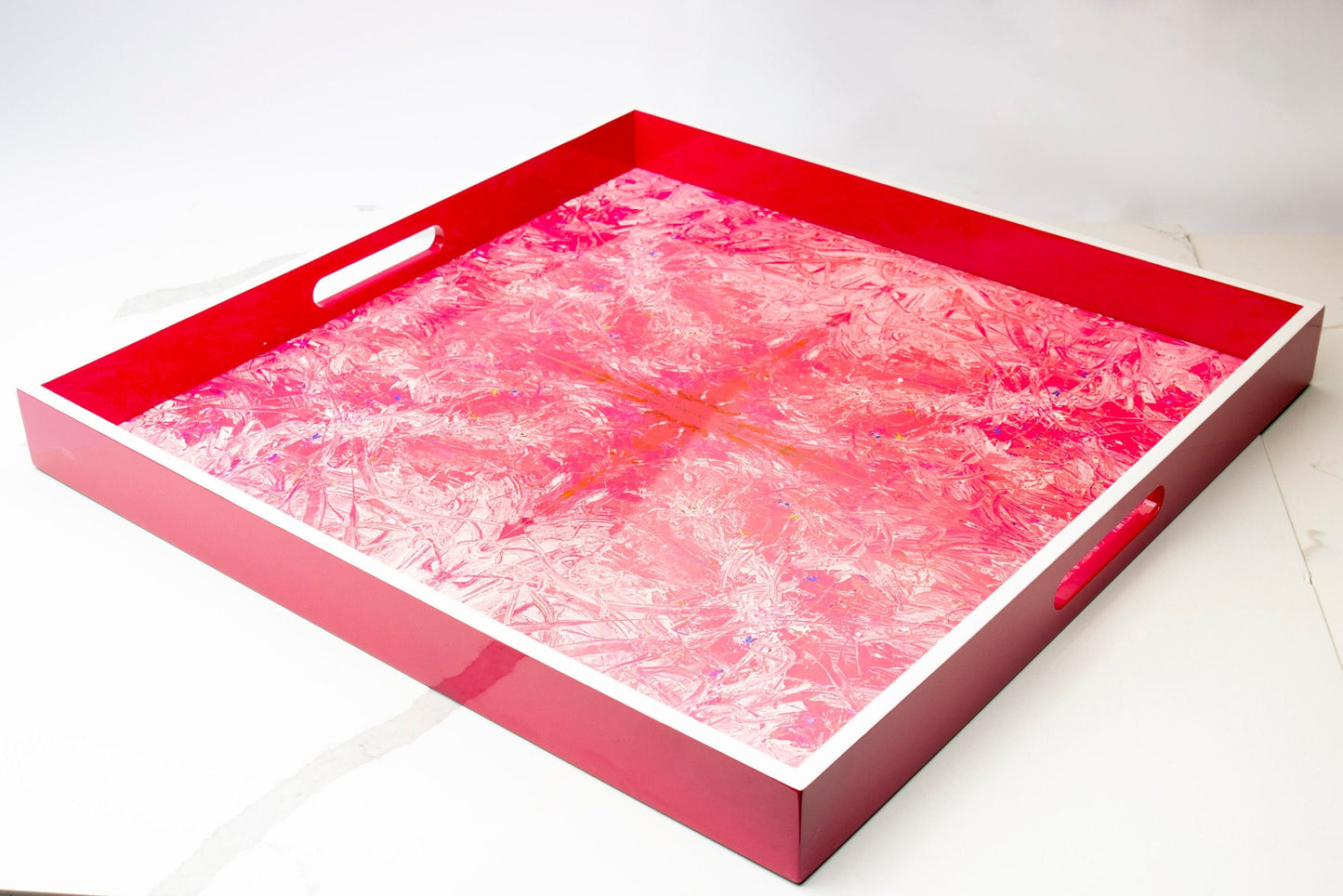 Handmade contemporary lacquer wood tray titled “Pink Pussy” designed by “Magic Hill Artist Bruce Mishell