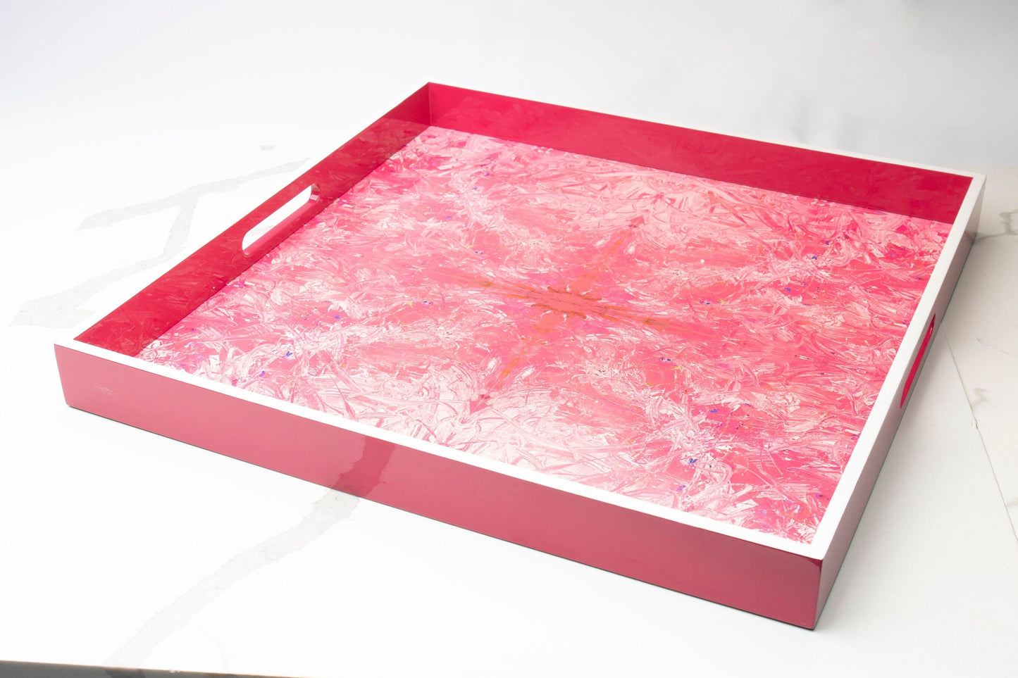 Handmade contemporary lacquer wood tray titled “Pink Pussy” designed by “Magic Hill Artist Bruce Mishell