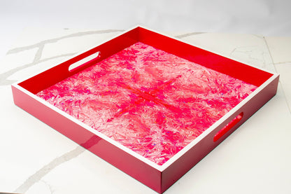 Handmade contemporary lacquer wood tray titled “Pink Pussy” designed by “Magic Hill Artist Bruce Mishell