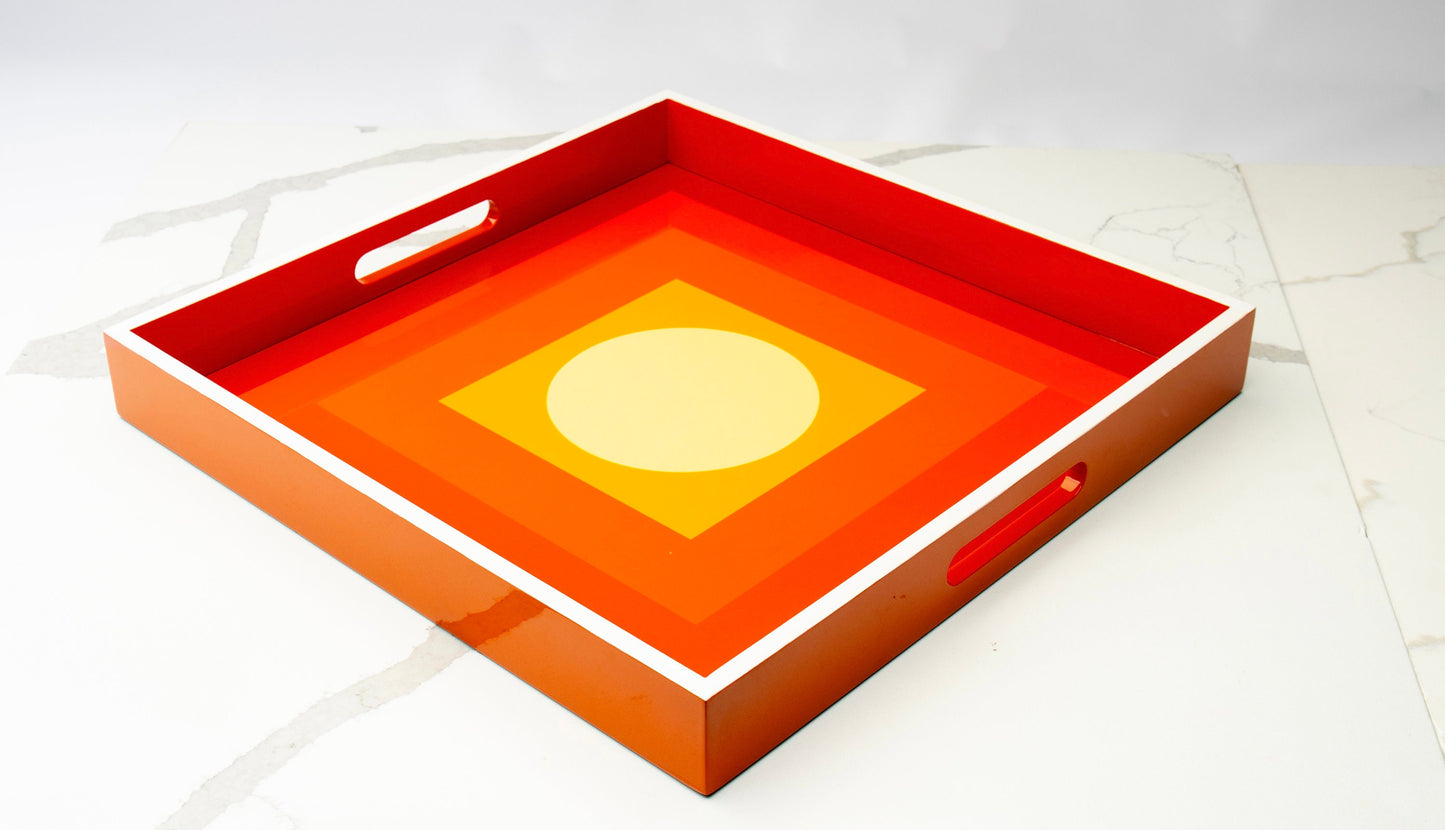 Handmade contemporary lacquer wood tray titled Orange Sun Rise