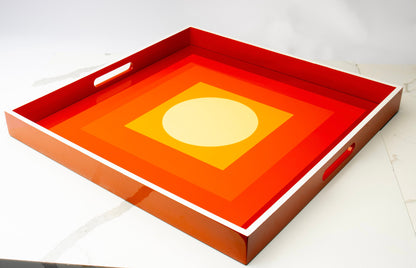 Handmade contemporary lacquer wood tray titled Orange Sun Rise