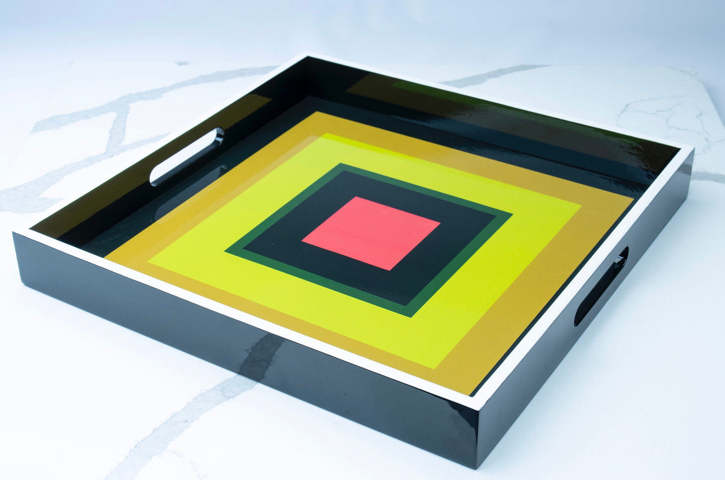 Handmade contemporary lacquer wood tray titled: “Squares” designed by “Magic Hill