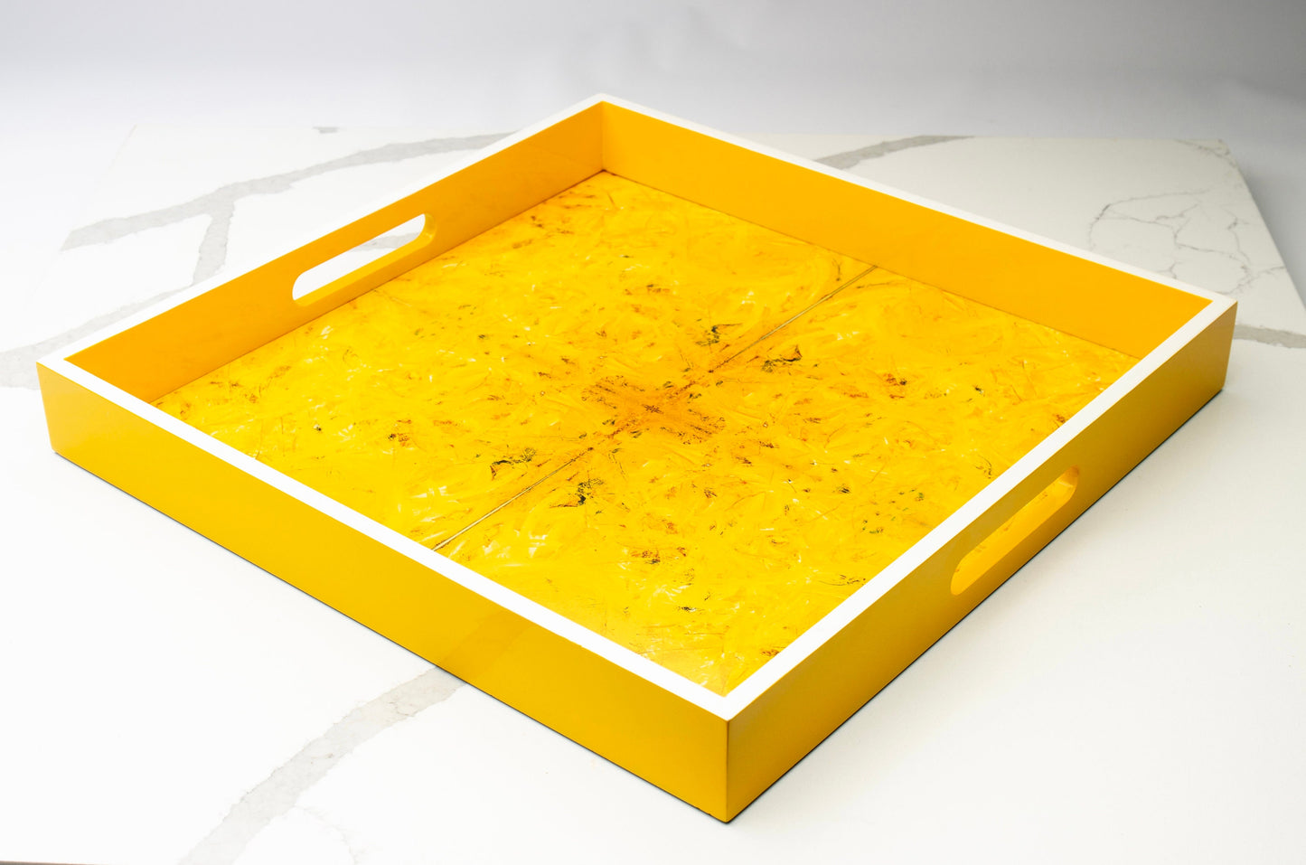 Handmade contemporary lacquer wood tray titled: “Sunshine Karma” designed by “Magic Hill