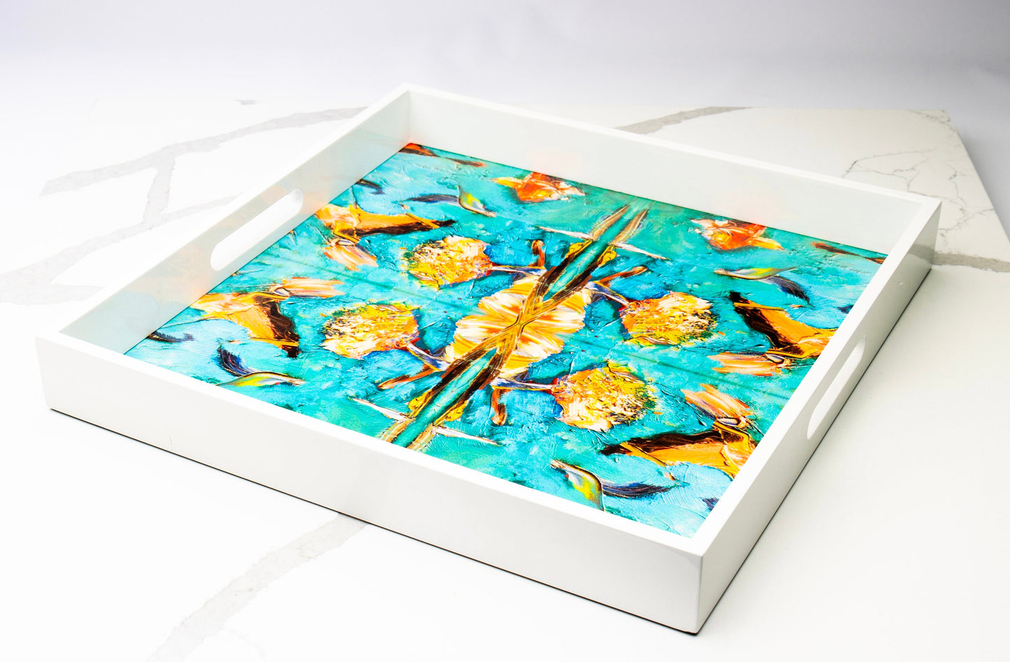 Handmade contemporary lacquer wood tray with multi color abstract titled: The Birds" designed by "Bruce Mishell"16" x 16" inches