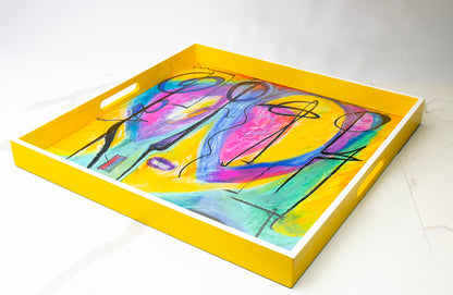 Handmade contemporary lacquer wood tray with multi color abstract titled:”MYRA” designed by “Bruce Mishell”16” x 16” inches