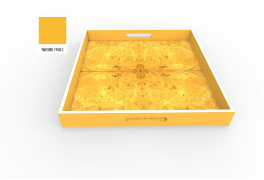 Handmade contemporary lacquer wood tray titled: “Sunshine Karma” designed by “Magic Hill