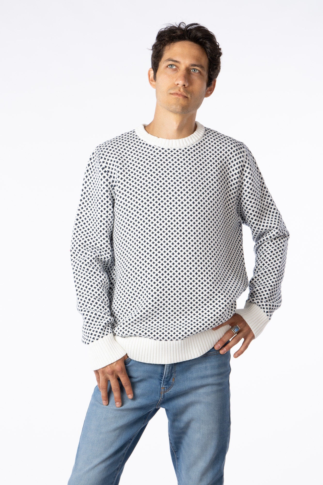 100% Pima Cotton Custom crew neck sweater White & Blue contrast