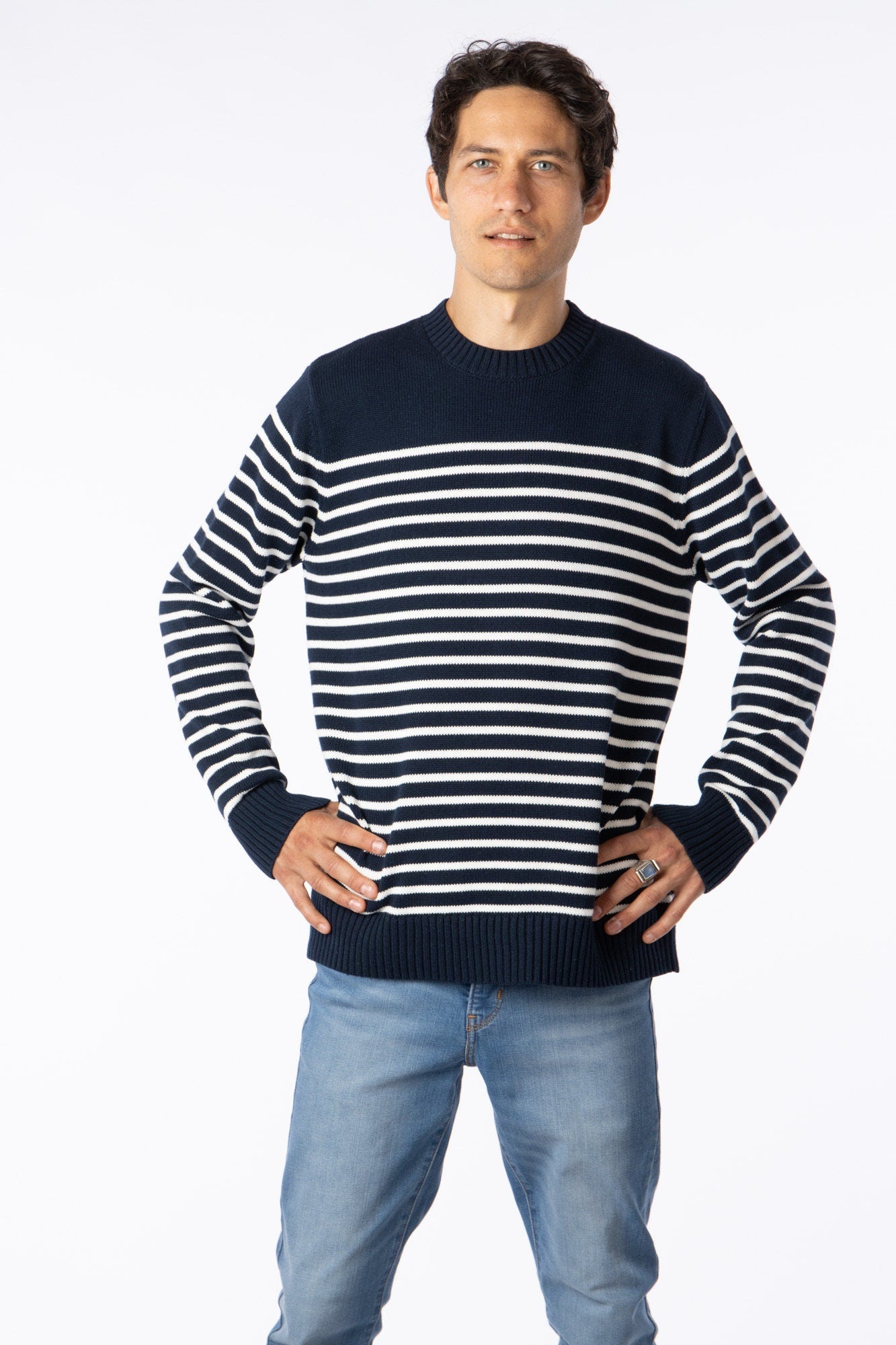 100% Pima Cotton Custom crew neck sweater Navy Blue with white Stripes