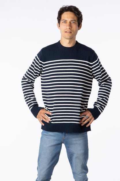 100% Pima Cotton Custom crew neck sweater Navy Blue with white Stripes