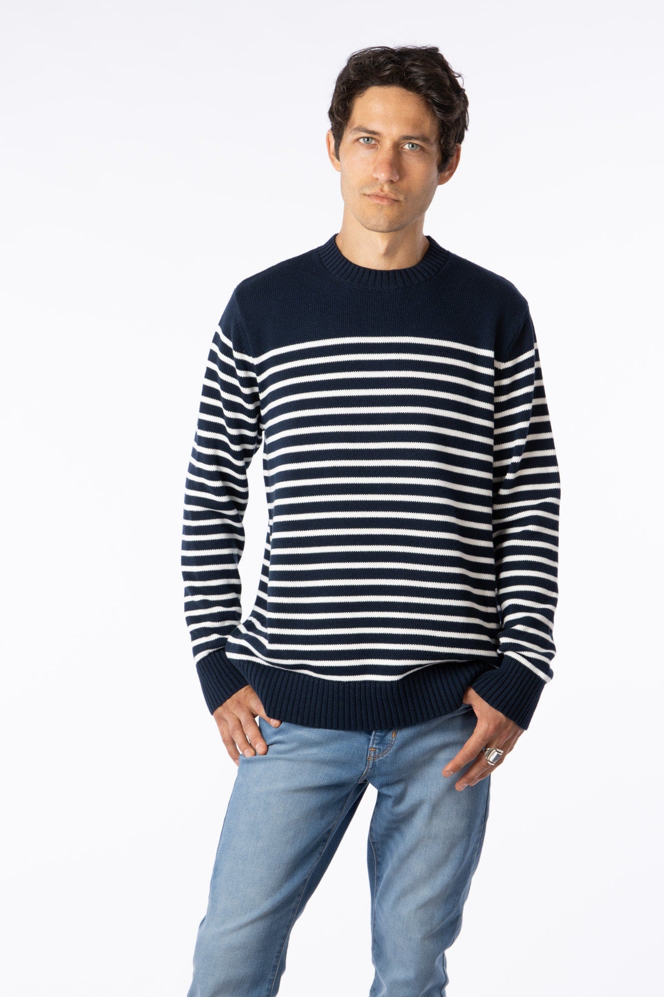 100% Pima Cotton Custom crew neck sweater Navy Blue with white Stripes