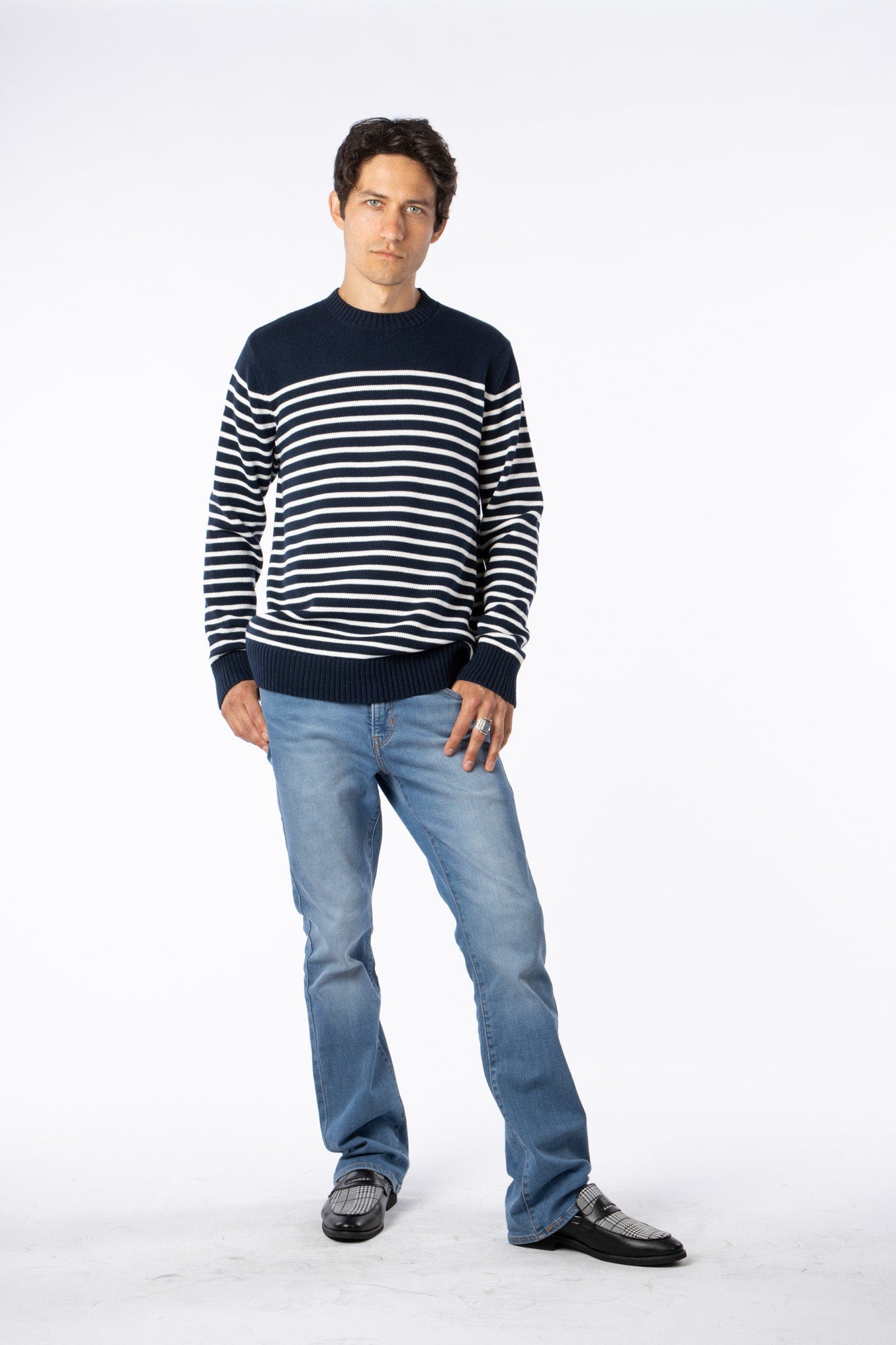 100% Pima Cotton Custom crew neck sweater Navy Blue with white Stripes