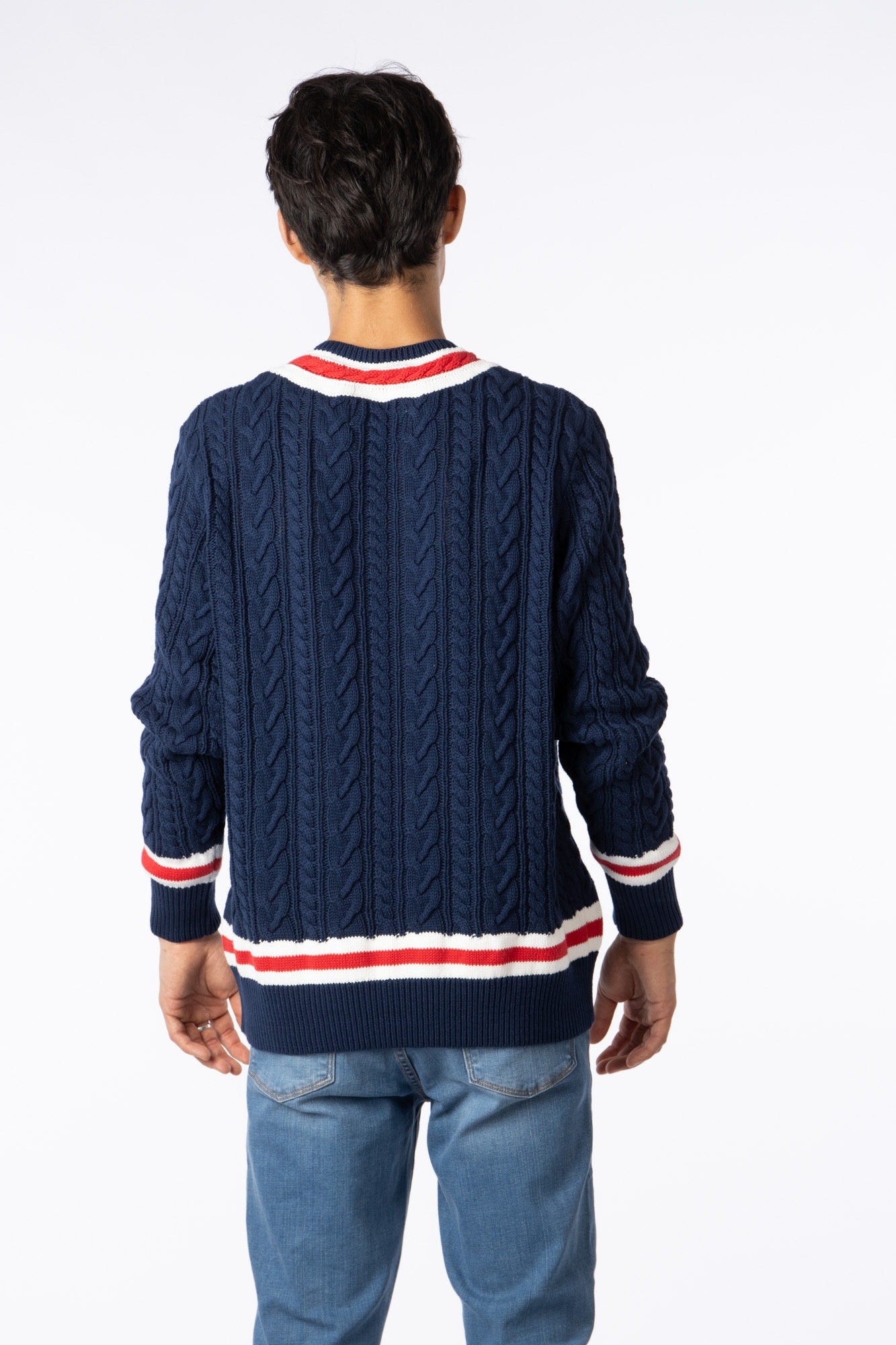 100% Pima Cotton Custom Vneck Cable Blue navy sweater with red & white accent