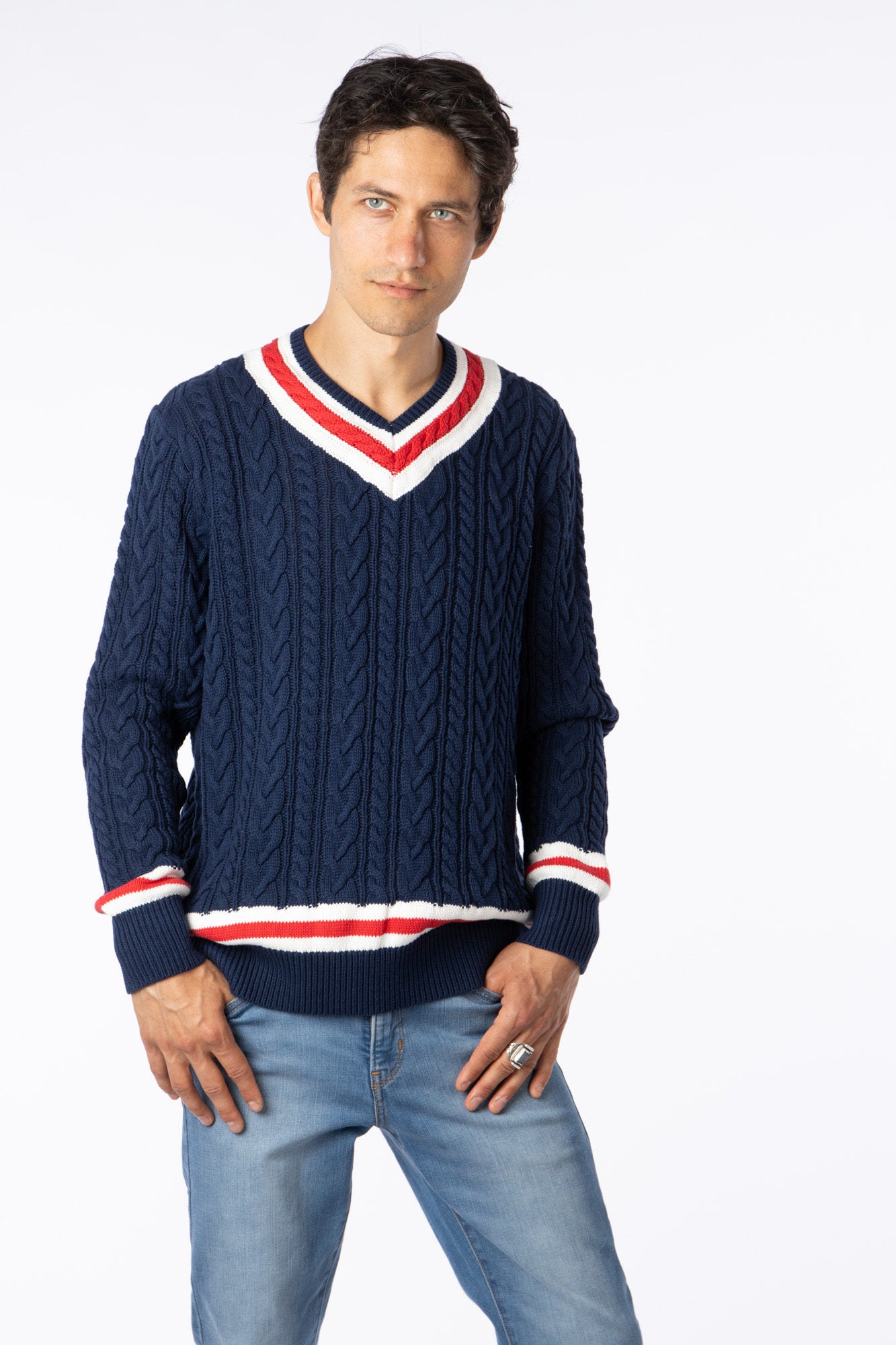 100% Pima Cotton Custom Vneck Cable Blue navy sweater with red & white accent