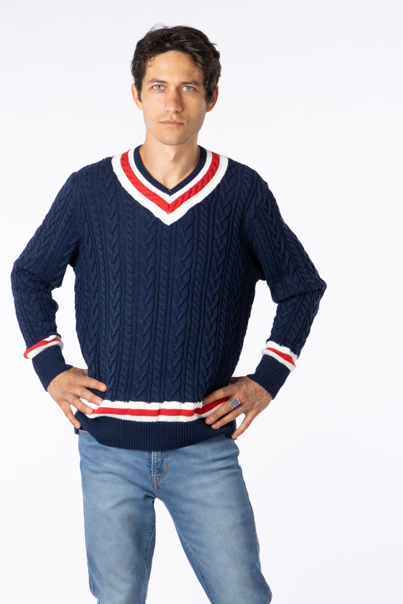 100% Pima Cotton Custom Vneck Cable Blue navy sweater with red & white accent