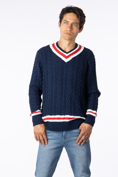 100% Pima Cotton Custom Vneck Cable Blue navy sweater with red & white accent