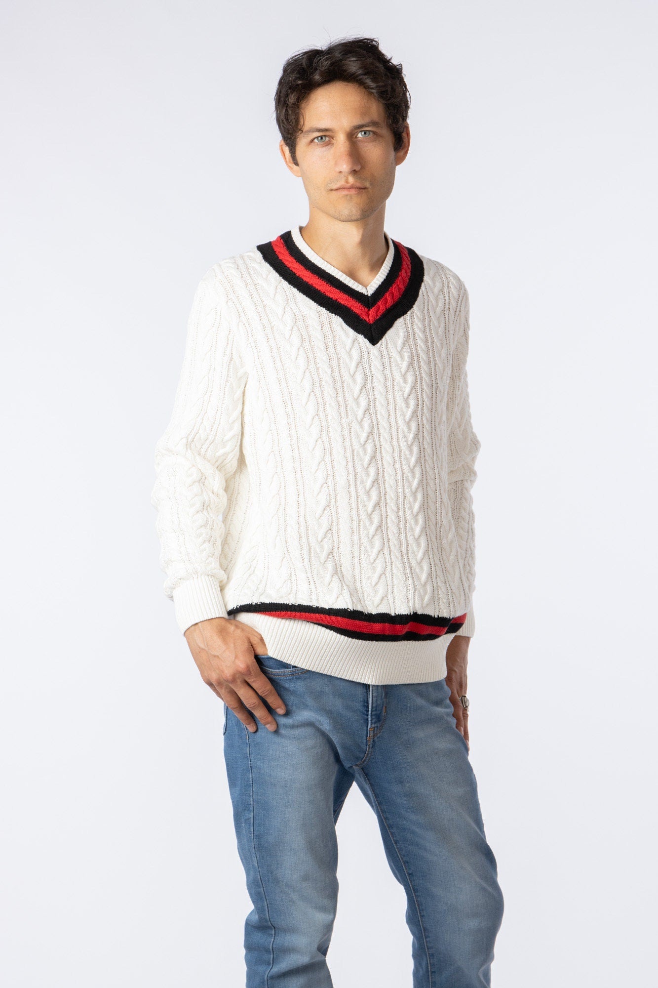 100% Pima Cotton Custom Vneck Cable white sweater with red & blue accent