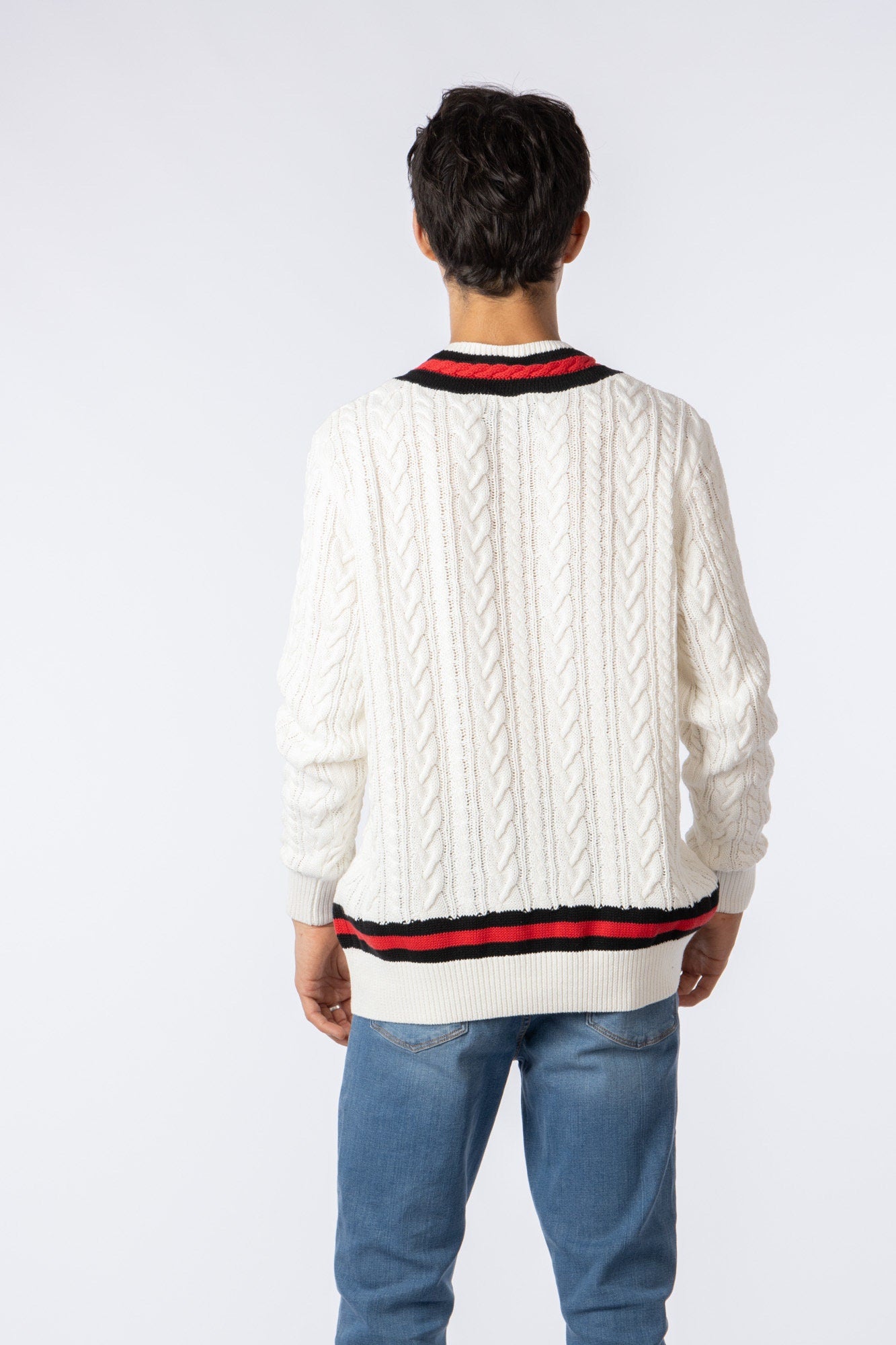 100% Pima Cotton Custom Vneck Cable white sweater with red & blue accent