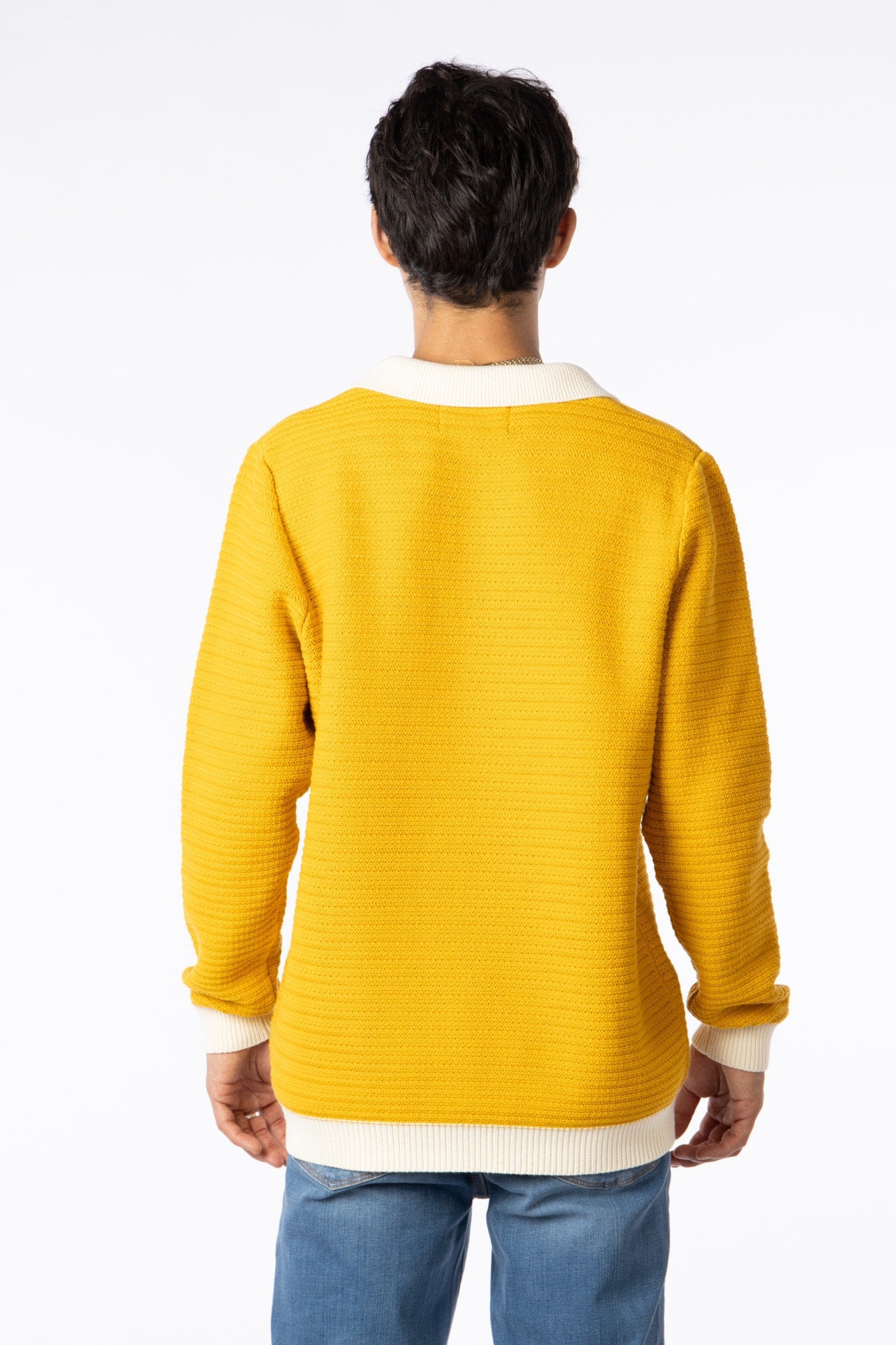 100% Pima Cotton Custom Vneck jaquard texture mustard sweater