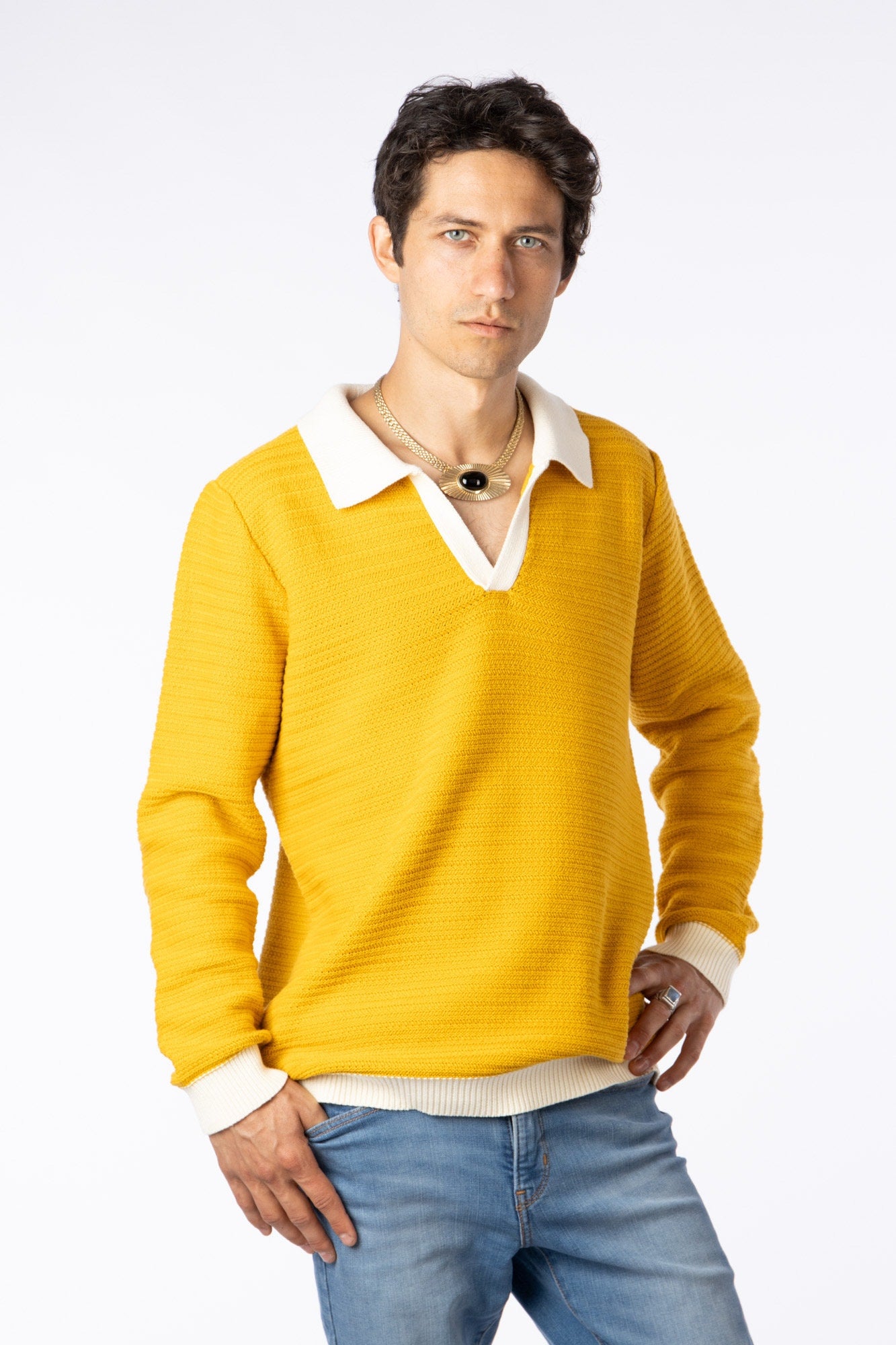 100% Pima Cotton Custom Vneck jaquard texture mustard sweater