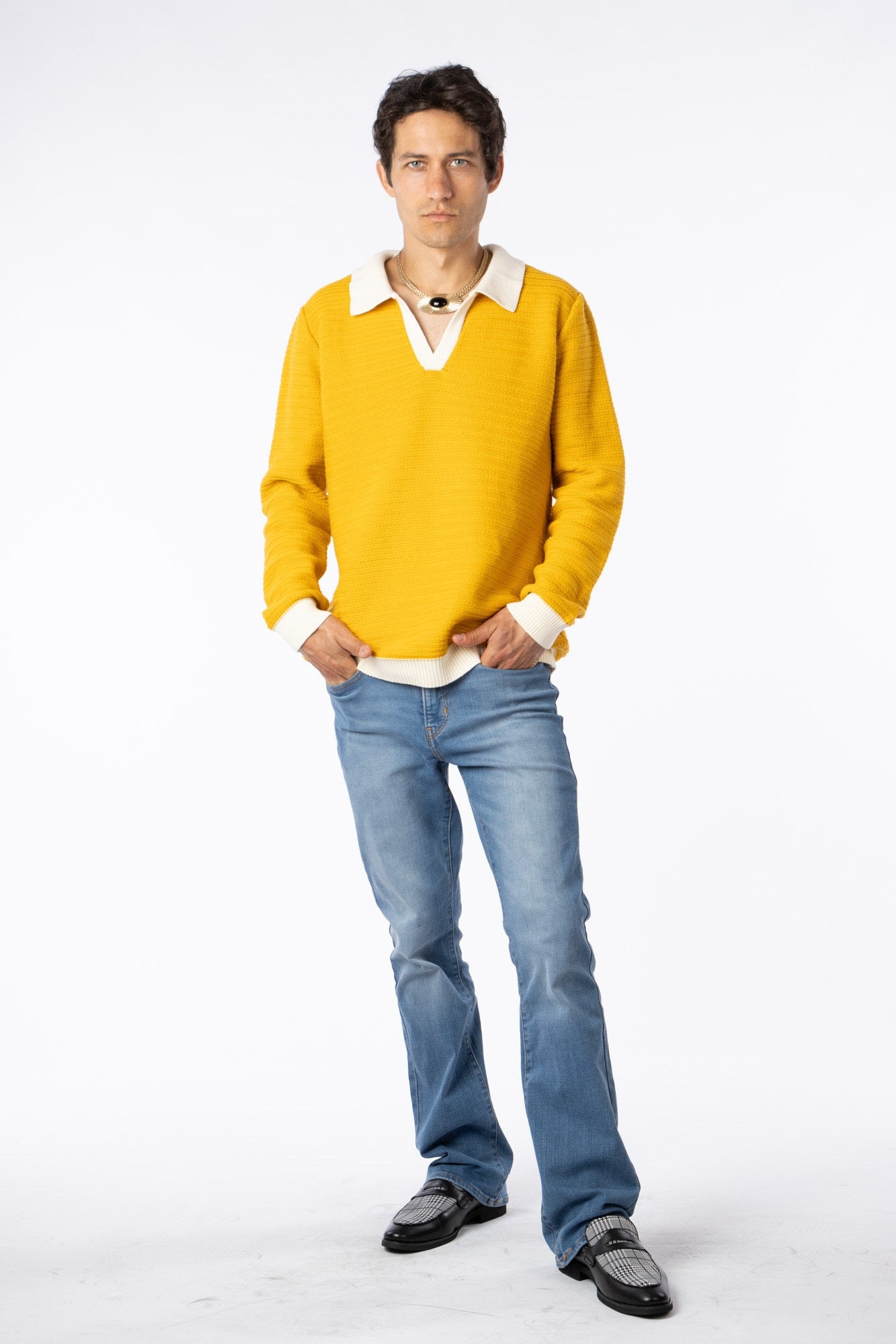 100% Pima Cotton Custom Vneck jaquard texture mustard sweater