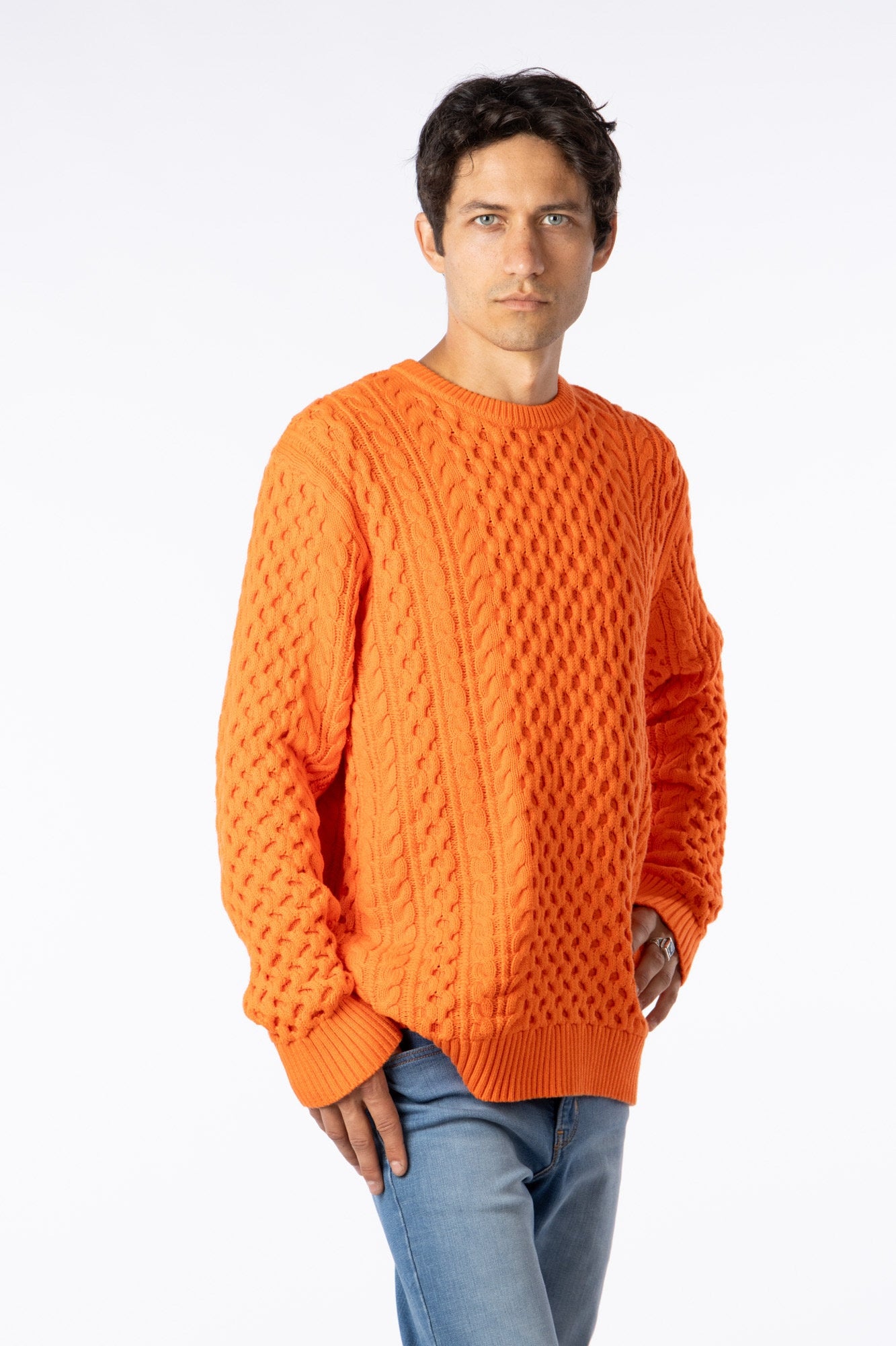 100% Pima Cotton Custom crew neck Cable Orange sweater