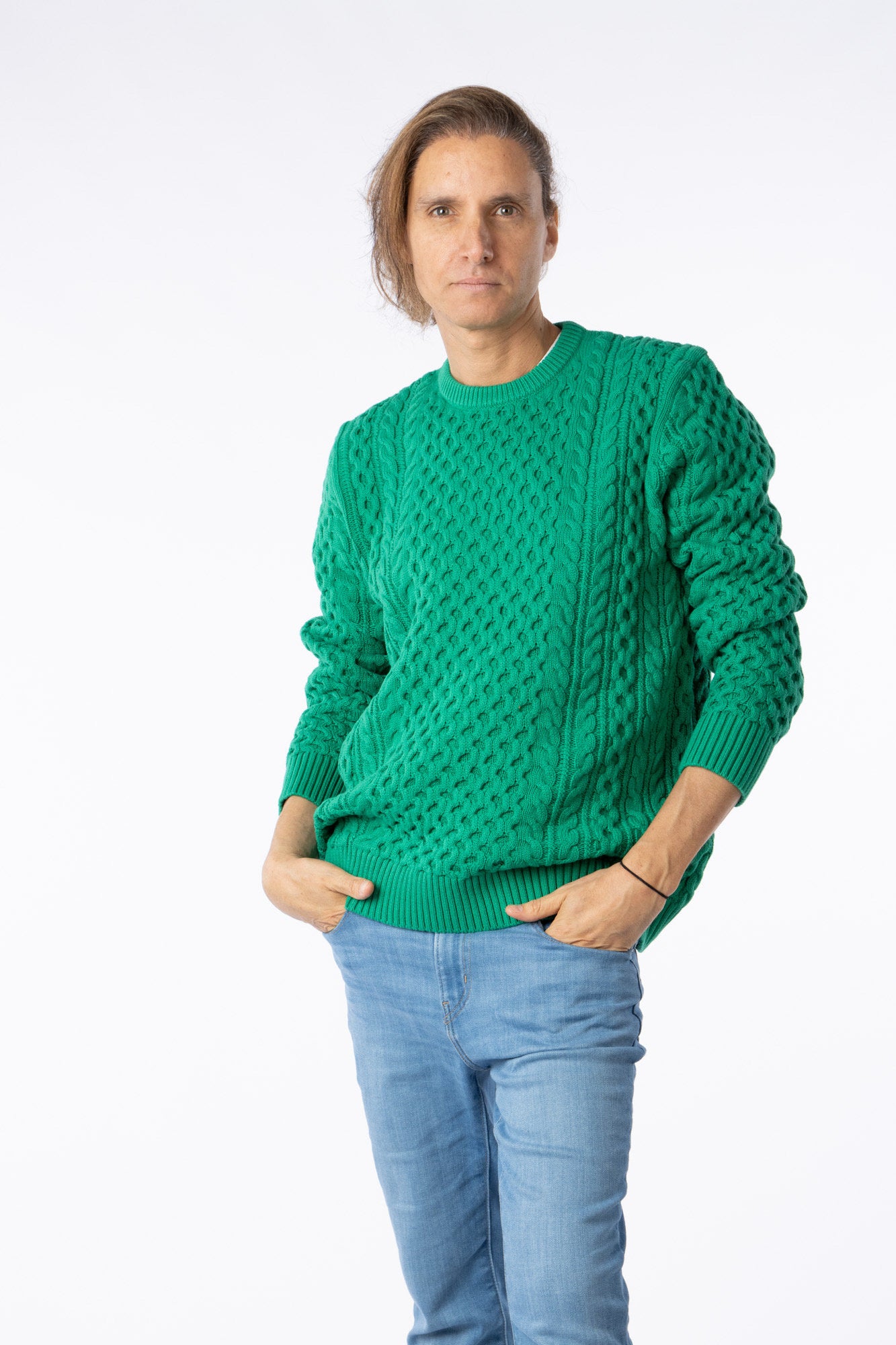 100% Pima Cotton Custom crew neck Cable green sweater