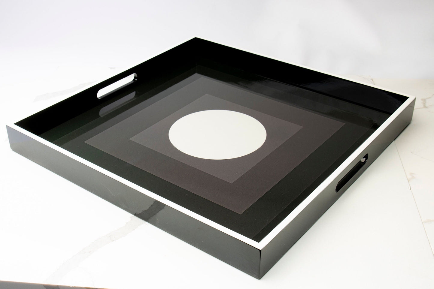 Contemporary lacquered wood tray with geometric "Shades of Gray"