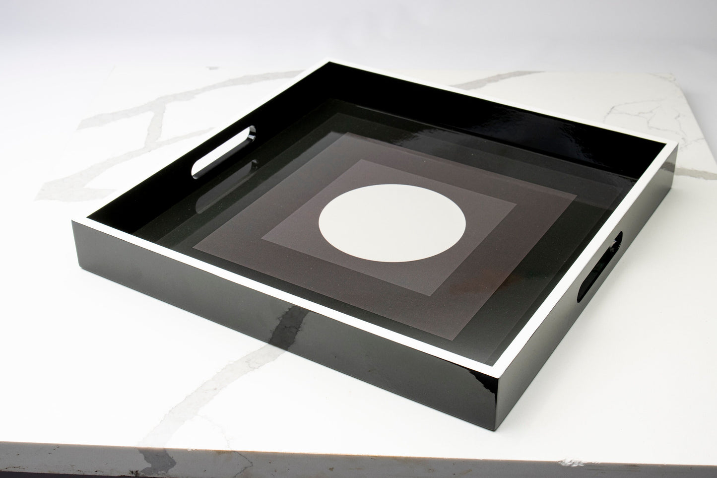 Contemporary lacquered wood tray with geometric "Shades of Gray"